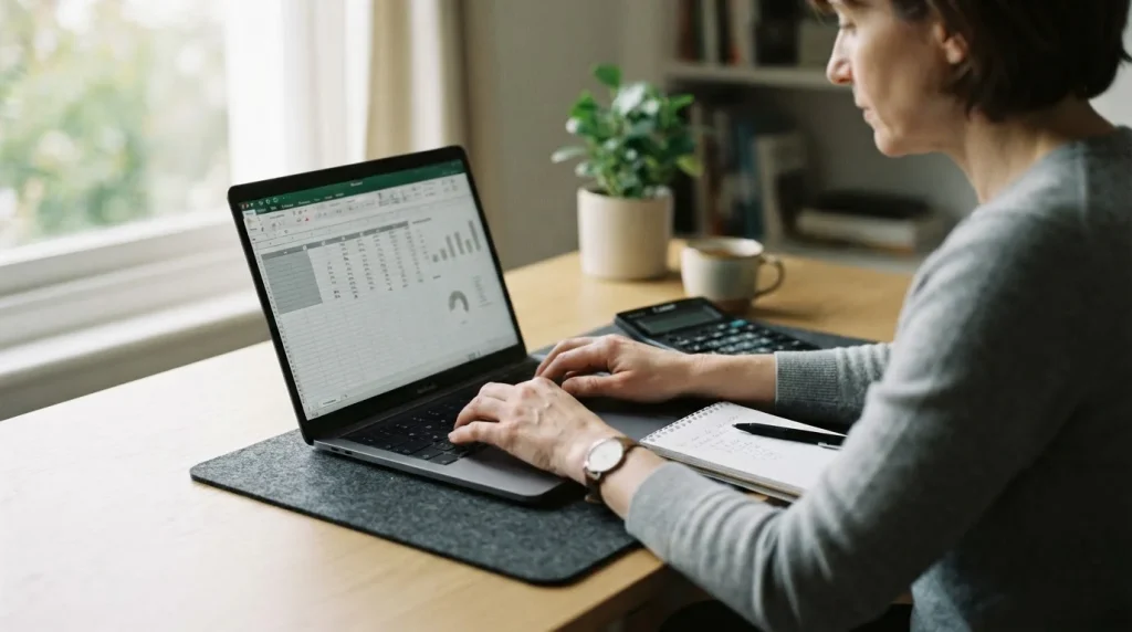 Ruhige Analyse von Wettbonus-Konditionen am Laptop mit Taschenrechner