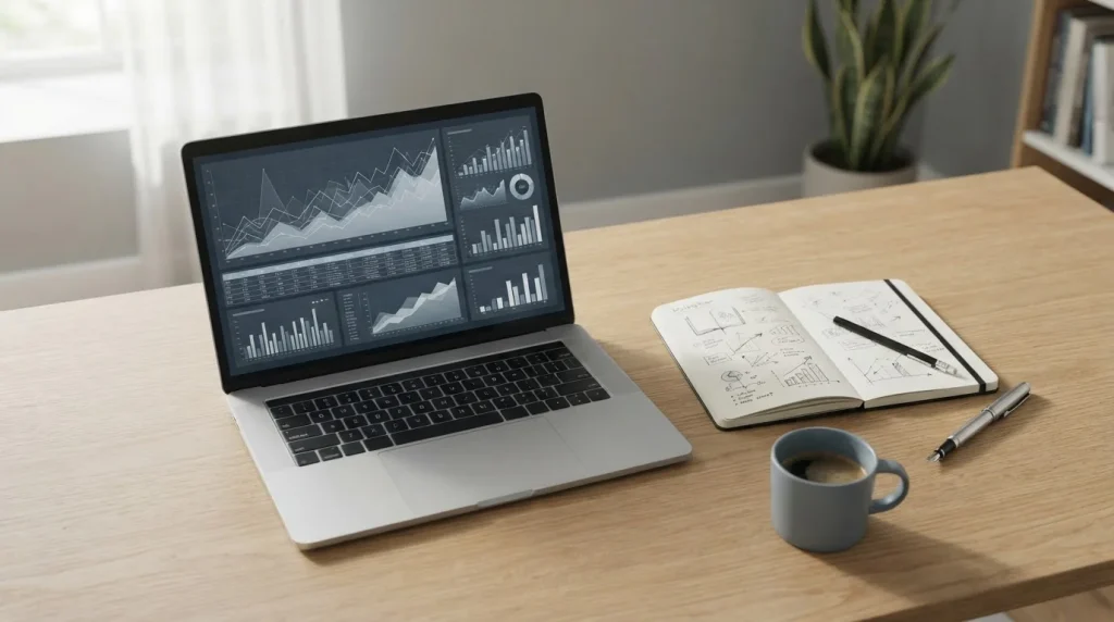Analytischer Arbeitsplatz mit Laptop, Statistikdaten und Notizen zu Sportwetten-Prognosen