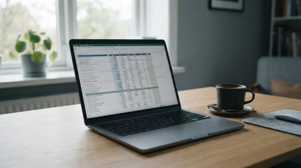 Statistikanalyse auf Laptop-Bildschirm zeigt Trefferquoten und Schwellenwerte für Wettprognosen