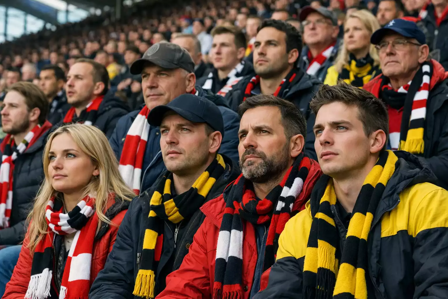 Fußballfans im Stadion mit unterschiedlichen Emotionen vor dem Anpfiff