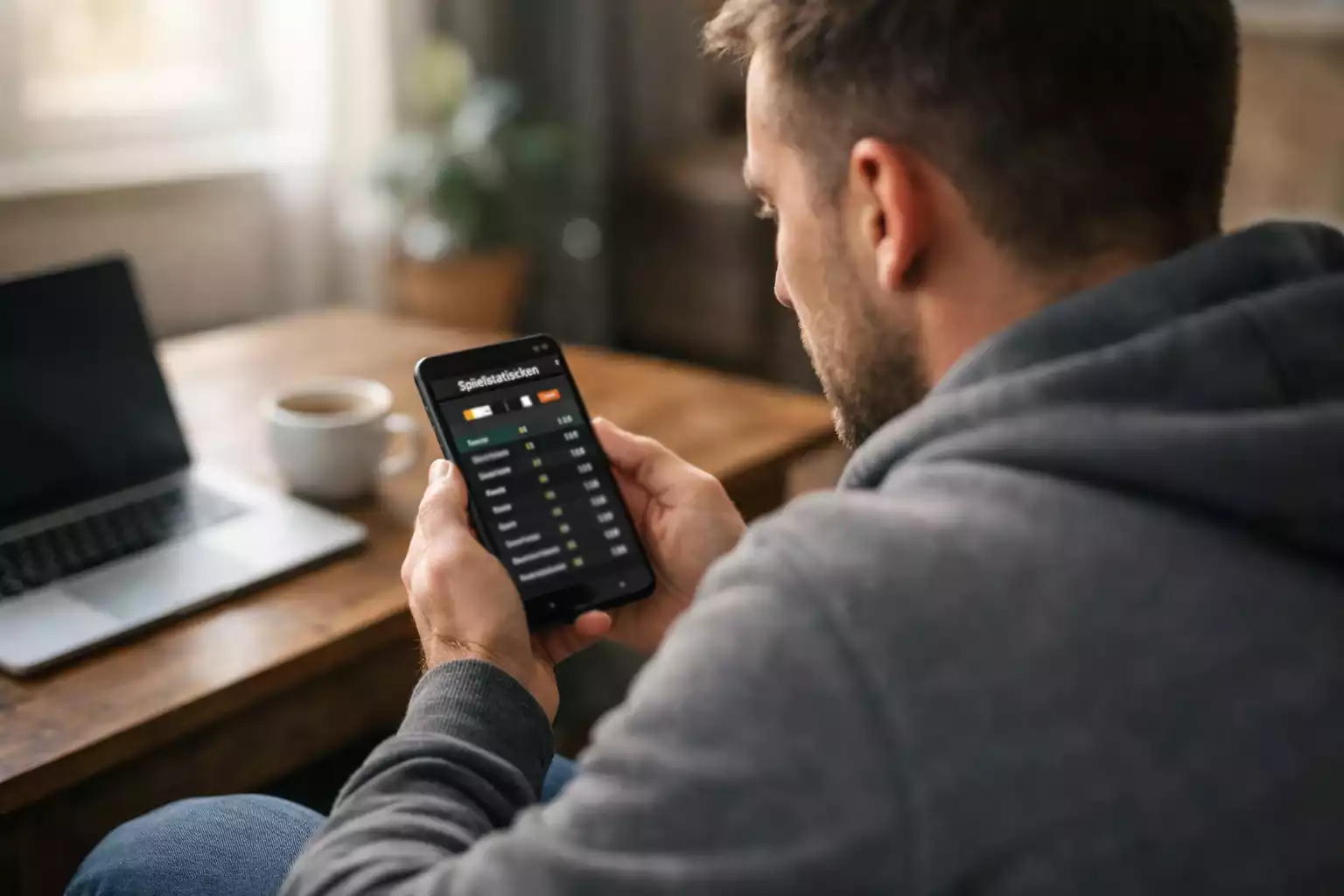 Fußballfan analysiert Bundesliga-Tipps auf dem Smartphone am Spieltag