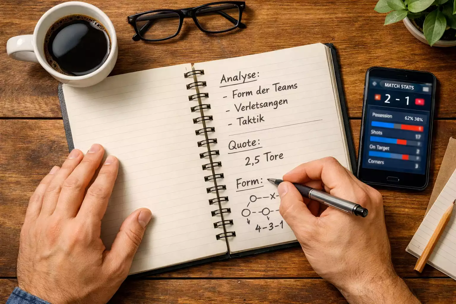 Person analysiert Bundesliga-Daten mit Notizen und Smartphone