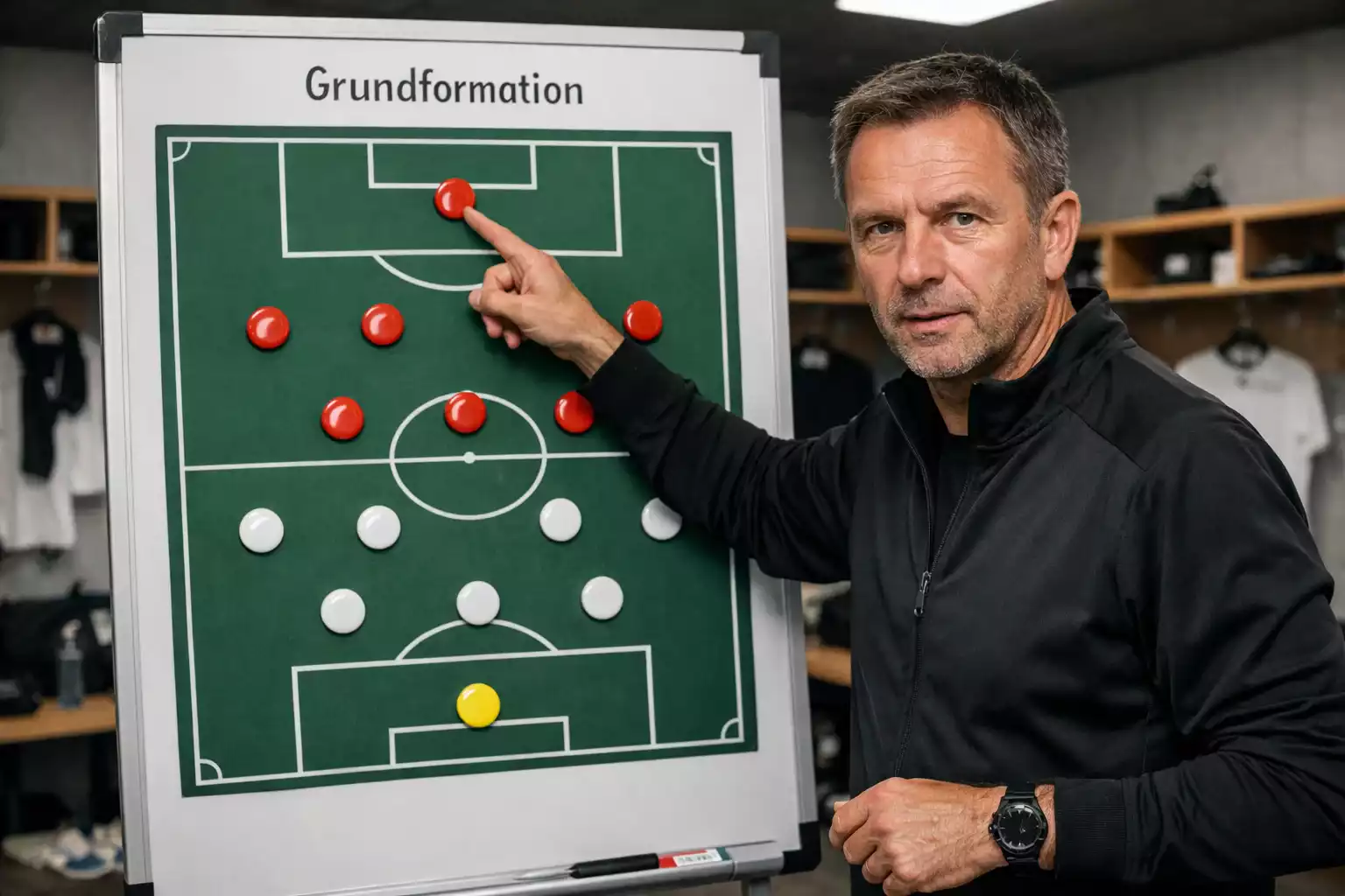 Fußballtrainer erklärt die Aufstellung an einer Taktiktafel vor dem Spiel