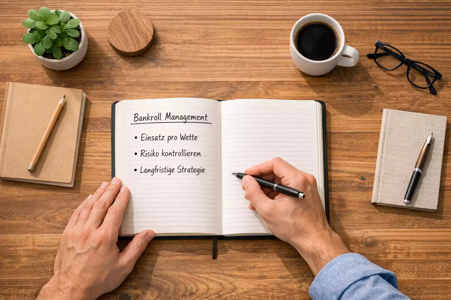 Person plant strukturiert am Schreibtisch mit Notizen