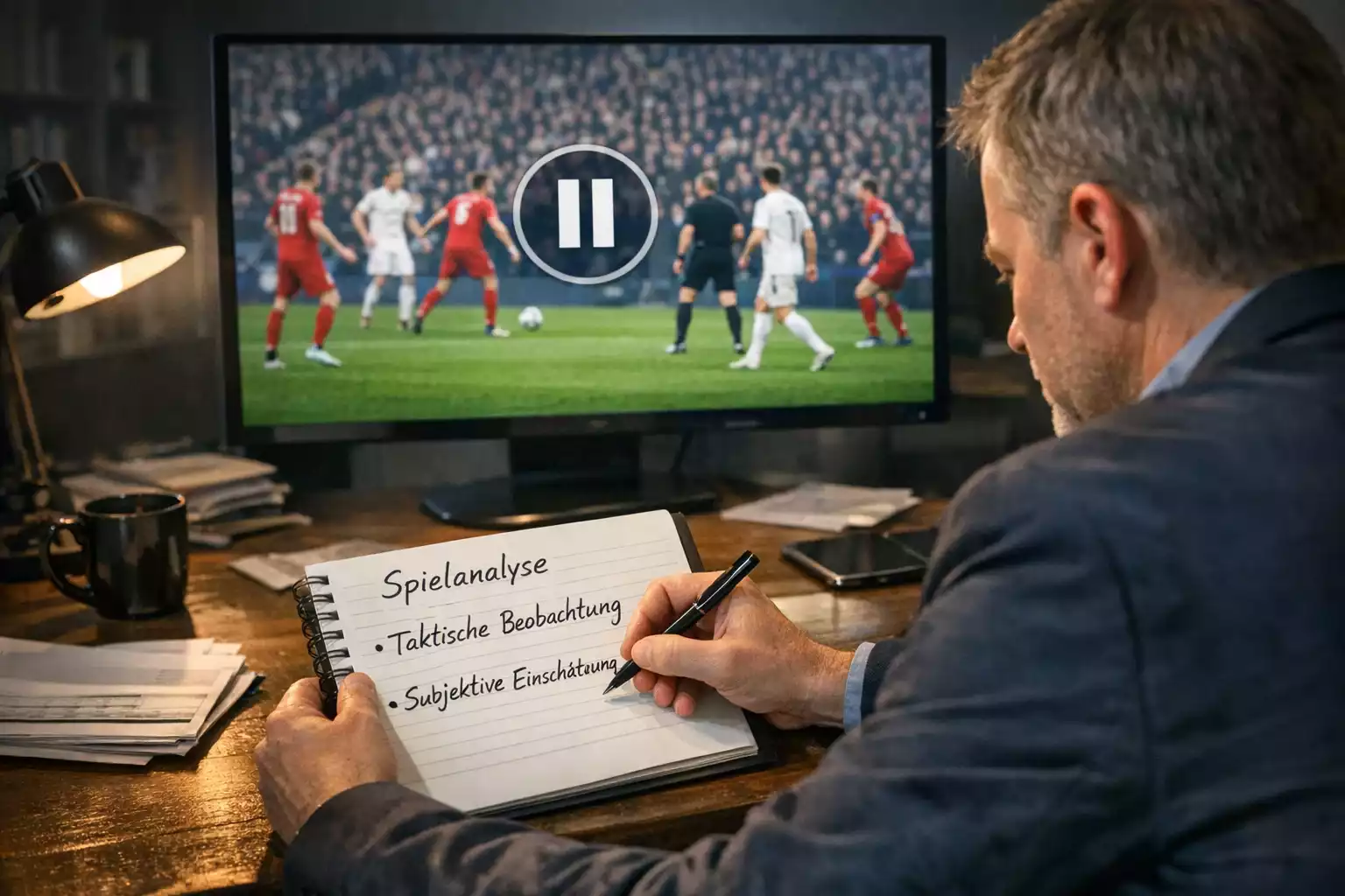 Fußballexperte analysiert Spielmaterial am Bildschirm