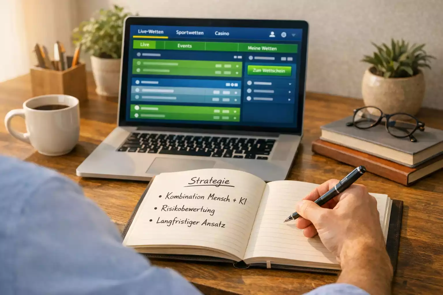 Person entwickelt eine Strategie mit Notizen und Laptop