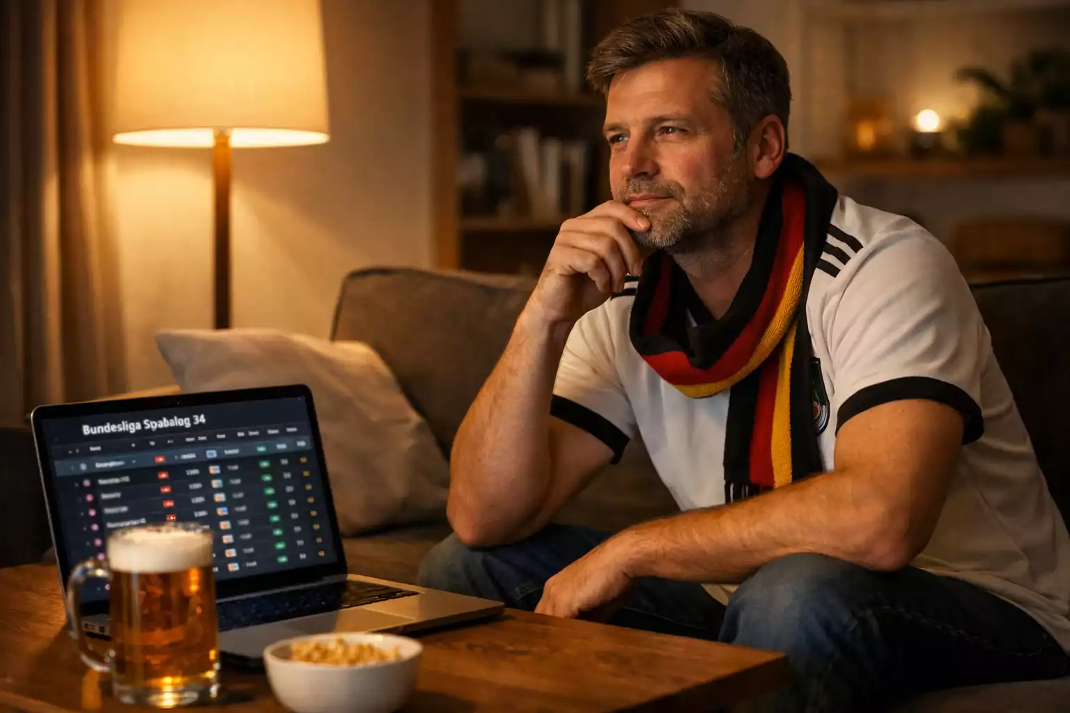 Fußballfan plant am Freitagabend seine Bundesliga-Tipps für morgen