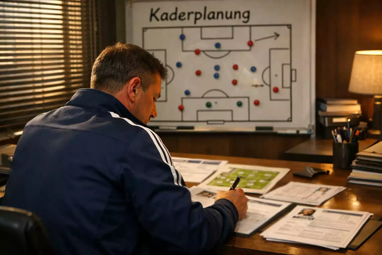 Trainer studiert Spielerkader und plant die Aufstellung für das morgige Spiel