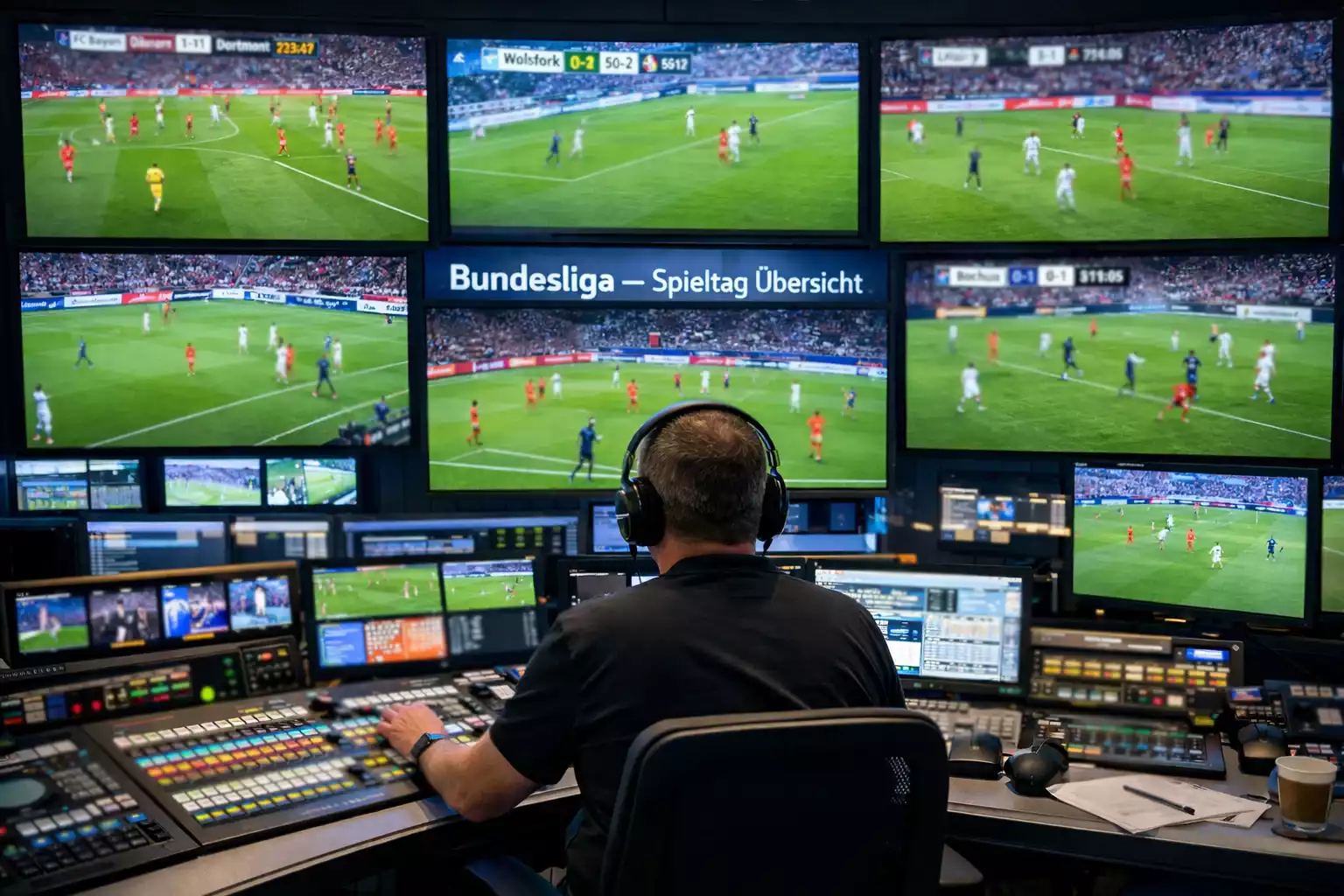 Mehrere Fußballspiele der Bundesliga laufen gleichzeitig in einem Stadion-Kontrollraum auf Bildschirmen