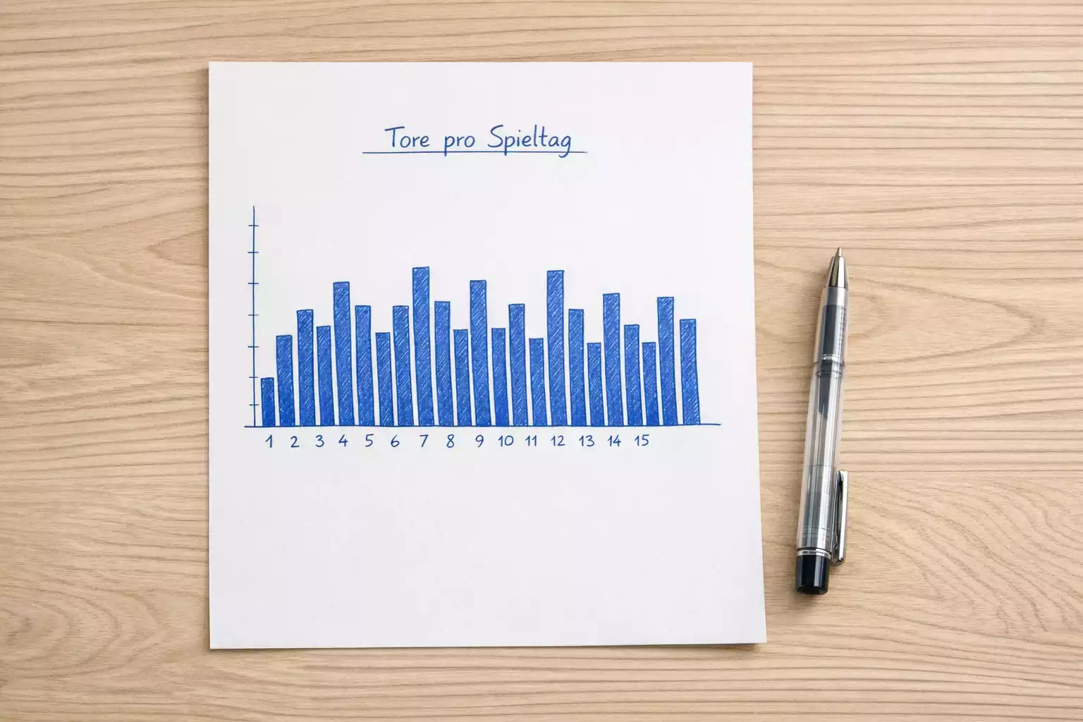 Einfaches Balkendiagramm auf Papier zeigt Torstatistiken verschiedener Bundesliga-Spieltage