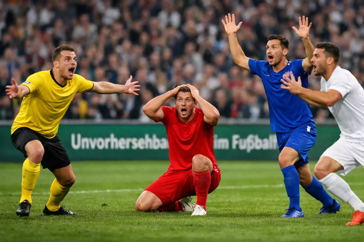 Dramatischer Moment im Bundesliga-Spiel mit Spielern, die überrascht auf eine unerwartete Spielsituation reagieren