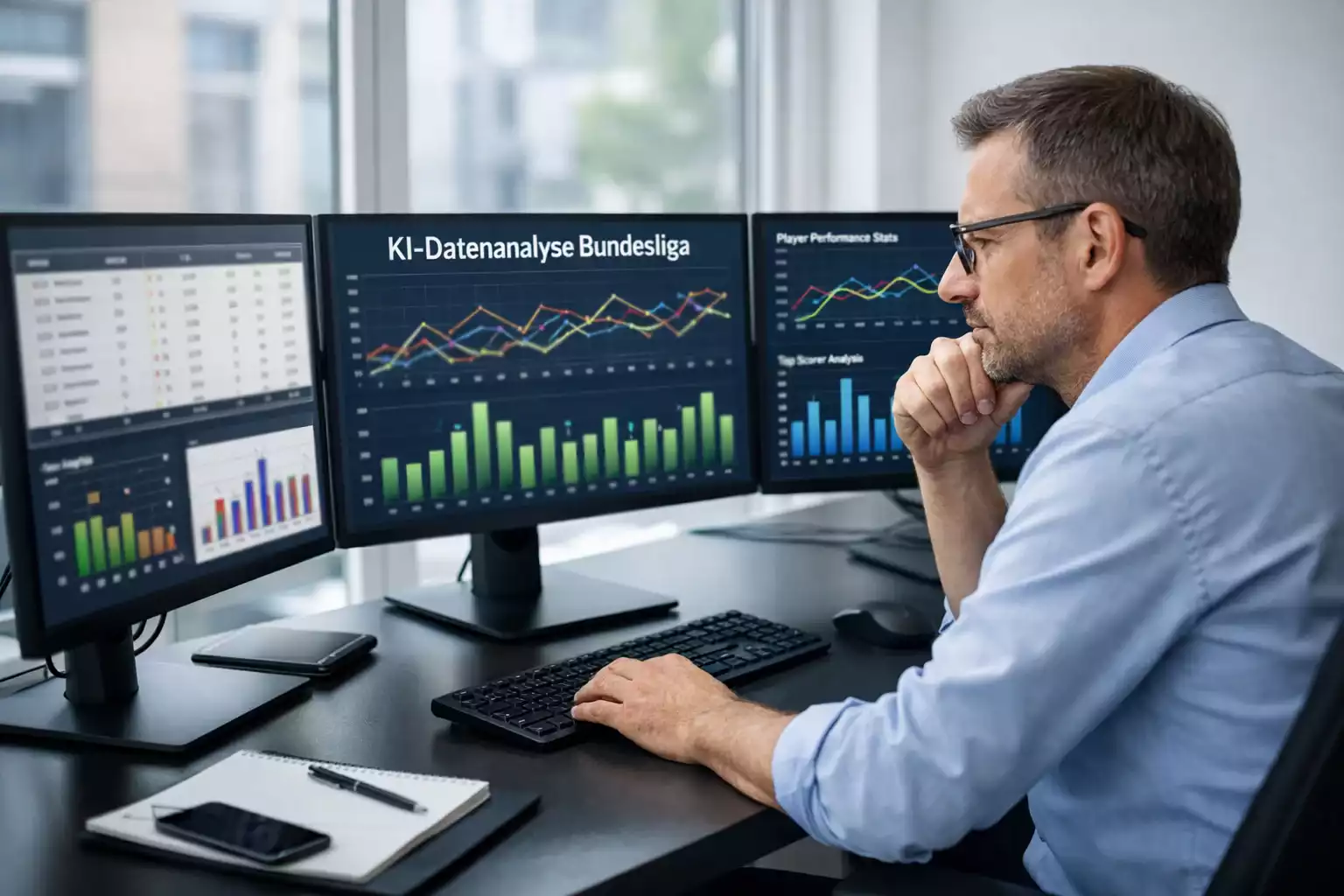 Datenanalyst betrachtet mehrere Bildschirme mit Fußballstatistiken und Spielerleistungsdaten