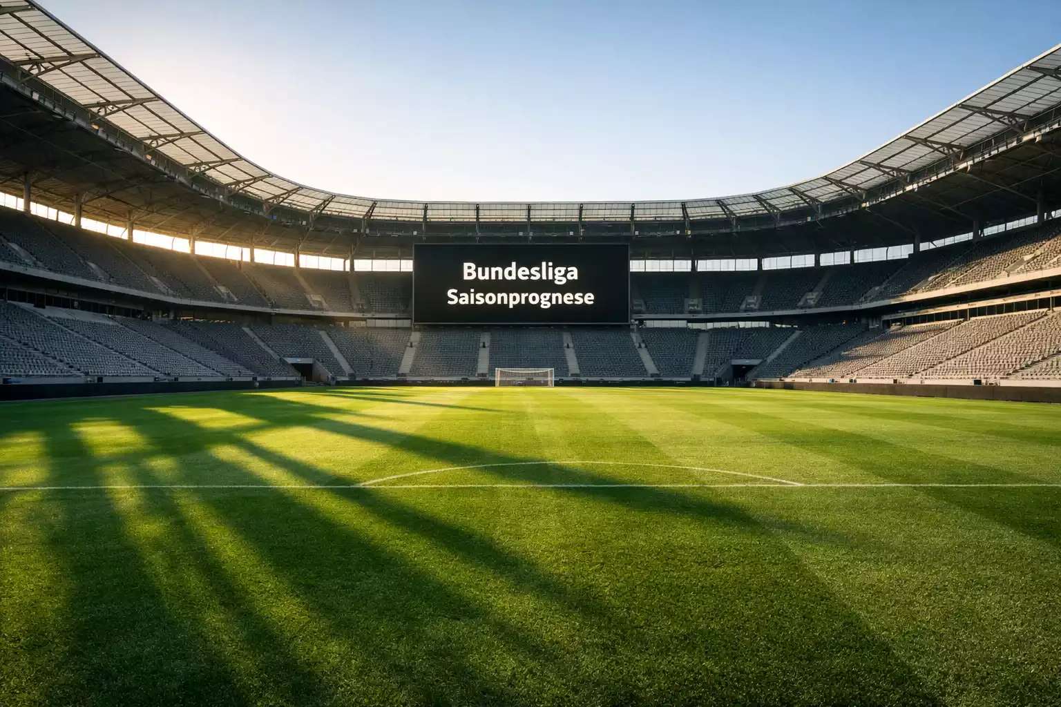 Fußballstadion der Bundesliga vor Saisonbeginn mit leerem Rasen und Vorfreude-Atmosphäre