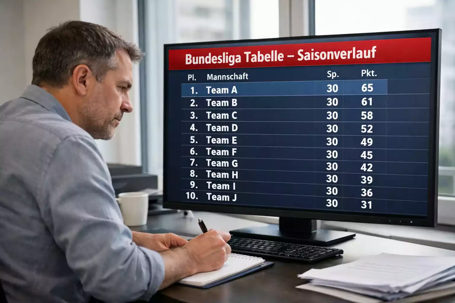 Sportjournalist analysiert die aktuelle Bundesliga-Tabelle auf einem großen Bildschirm im Büro