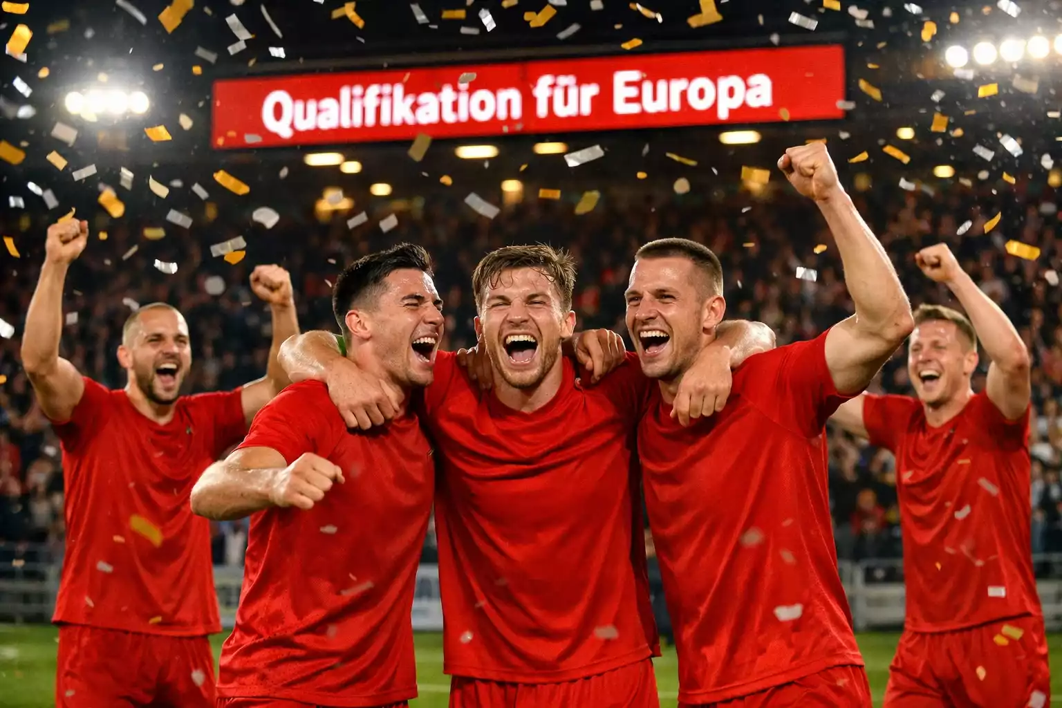 Fußballmannschaft feiert die Qualifikation für den Europapokal auf dem Rasen eines Bundesliga-Stadions