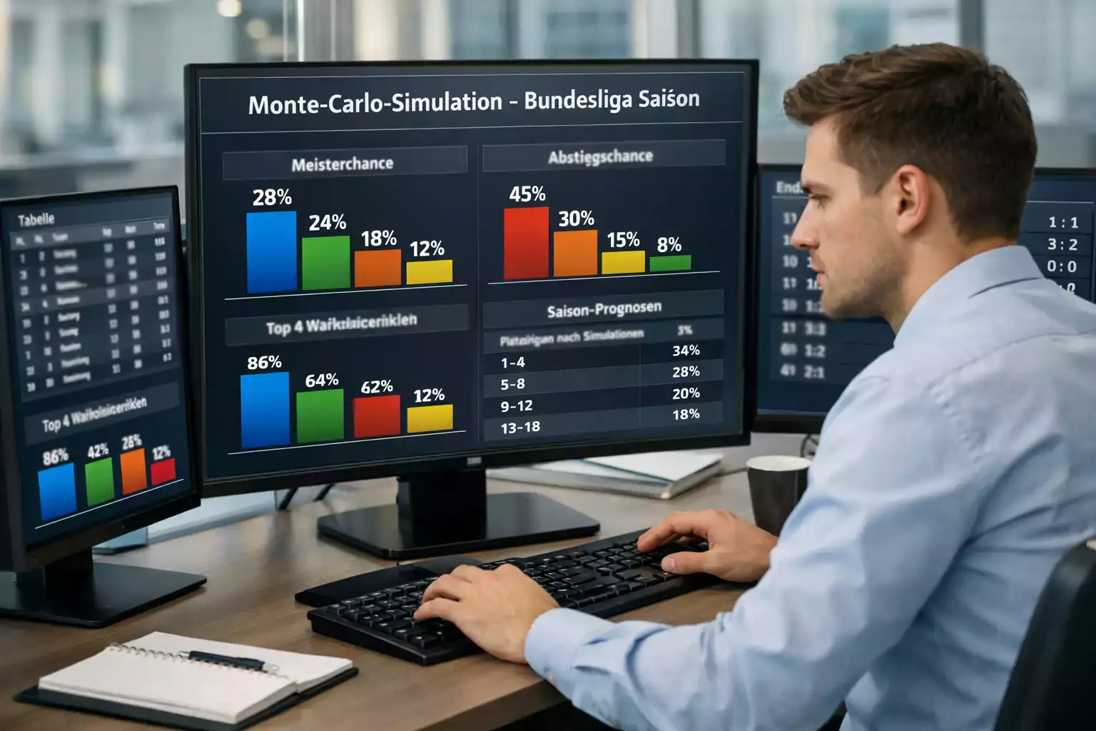 Wissenschaftler arbeitet an einem Computer mit Simulationsdaten für Fußball-Saisonprognosen