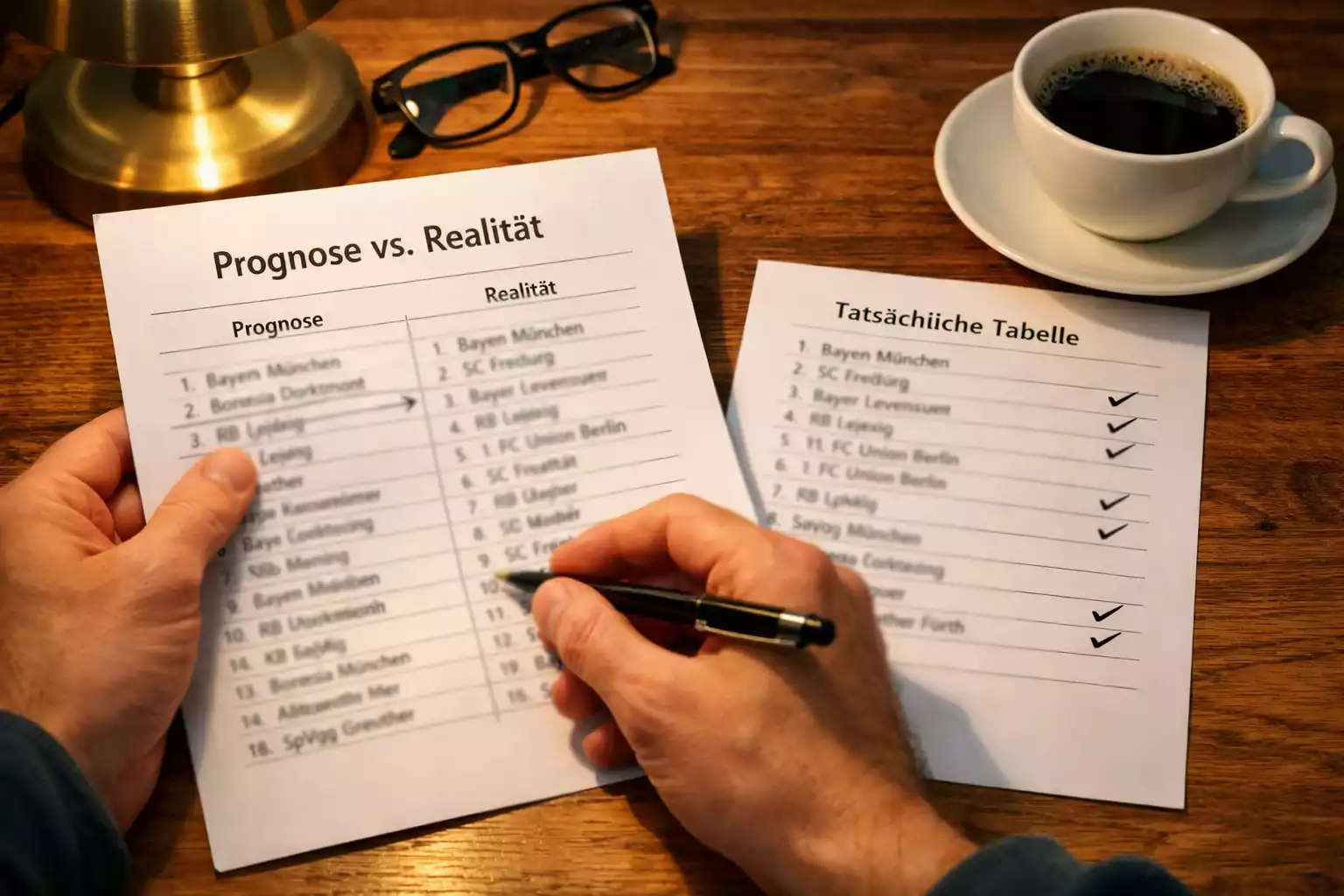 Person vergleicht Saisonprognosen mit tatsächlichen Bundesliga-Ergebnissen auf Papier am Schreibtisch