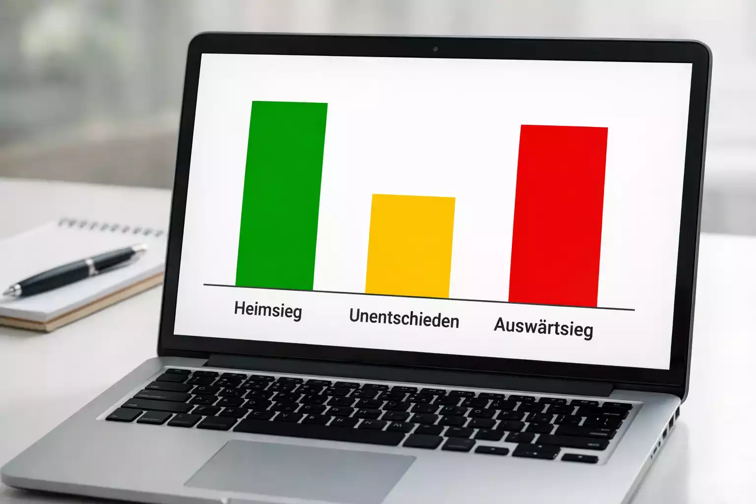 Laptop zeigt Balkendiagramm mit Wahrscheinlichkeitsverteilung für Spielausgänge