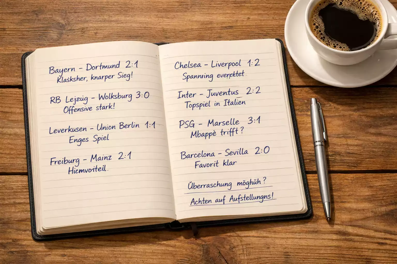Notizbuch mit handgeschriebenen Fußball-Tipps und Stift auf dem Tisch