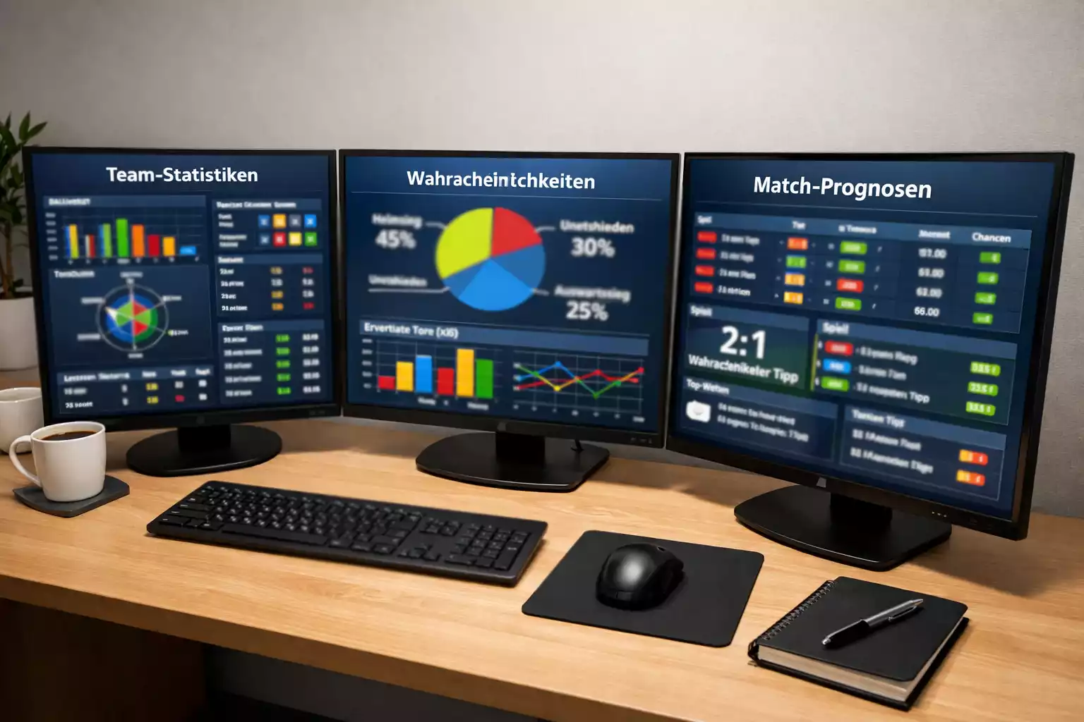 Mehrere Bildschirme zeigen verschiedene Fußball-Statistik-Webseiten