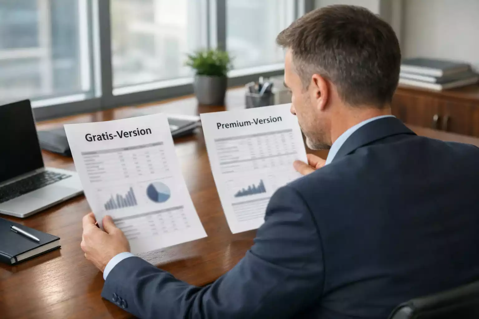 Geschäftsmann vergleicht zwei Dokumente mit Statistiken am Schreibtisch