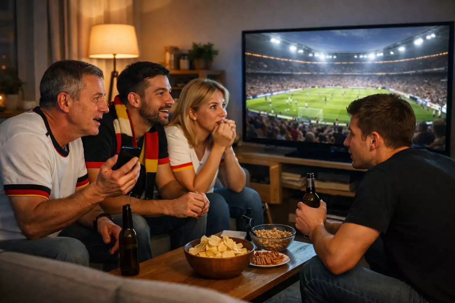 Gruppe von Fußballfans schaut gemeinsam ein Bundesliga-Spiel im Wohnzimmer