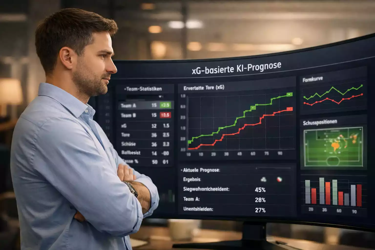 Datenanalyst betrachtet Fußballstatistiken auf großem Bildschirm