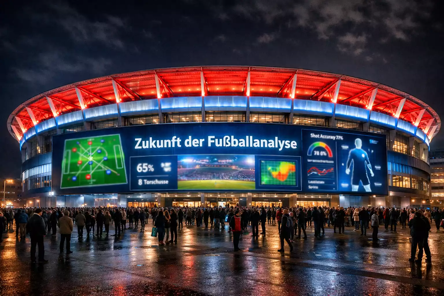 Modernes Fußballstadion bei Nacht mit leuchtenden Anzeigetafeln