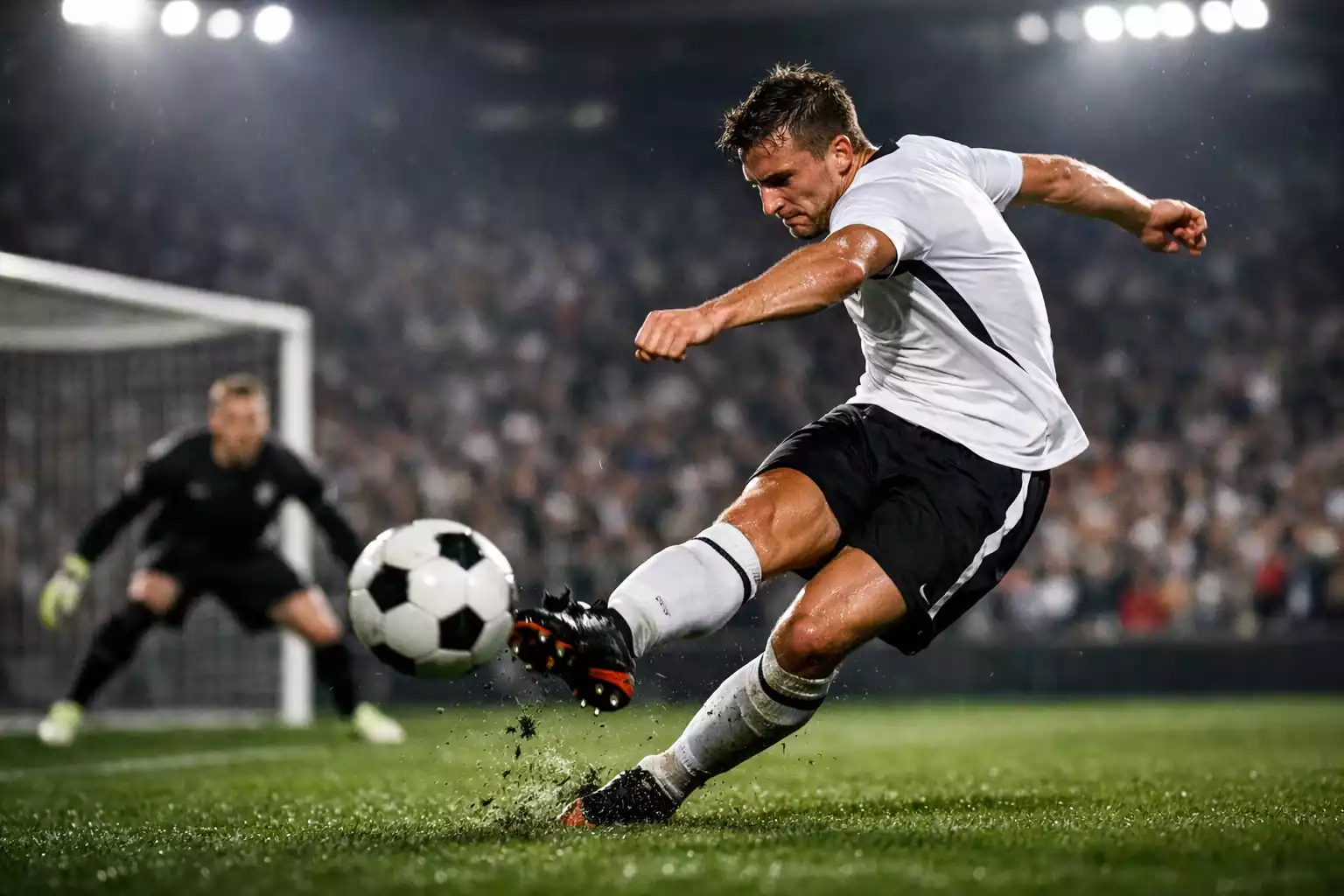 Fußballspieler schießt aufs Tor im Bundesliga-Stadion bei Flutlicht