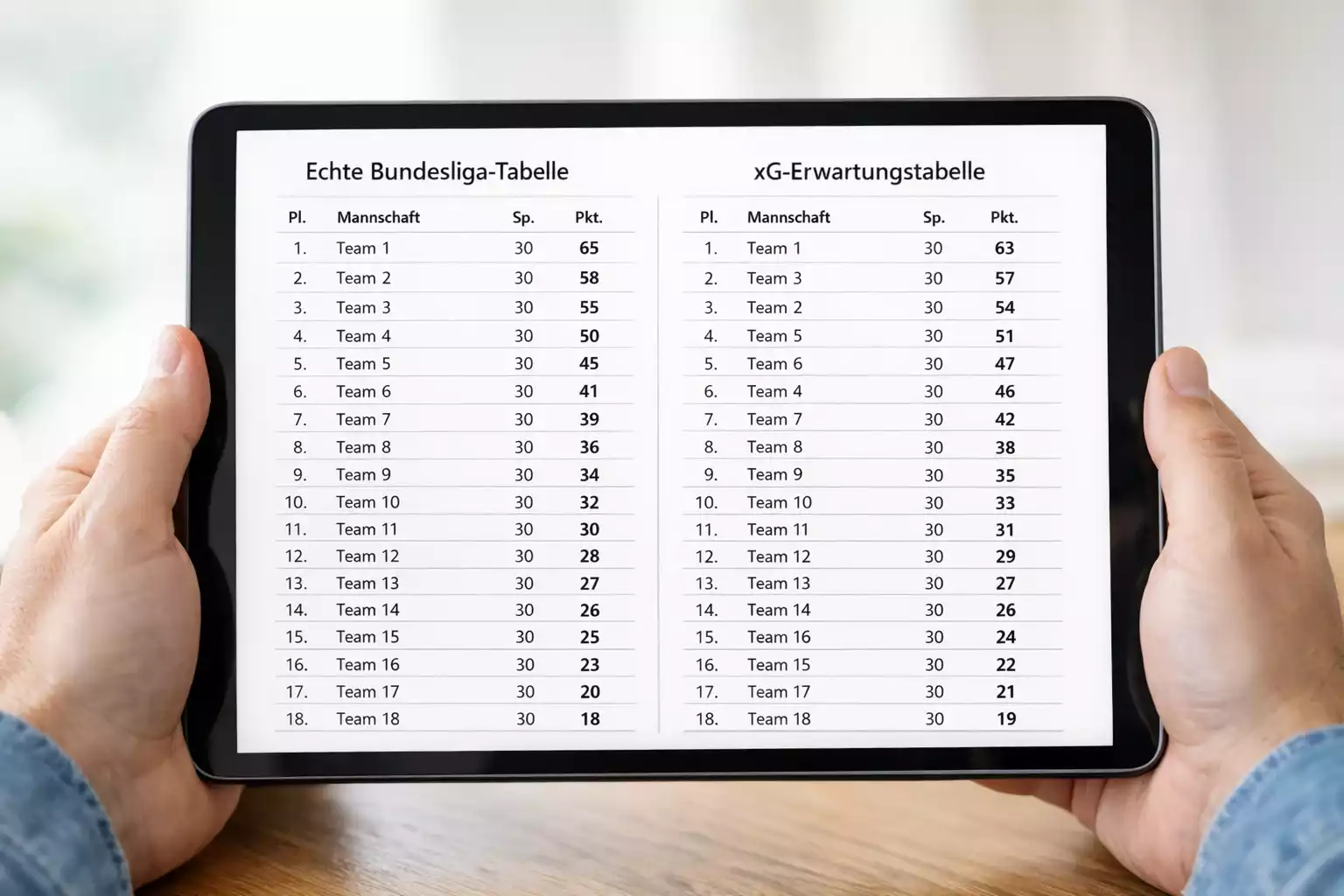 Zwei Bundesliga-Tabellen nebeneinander auf einem Tablet-Bildschirm