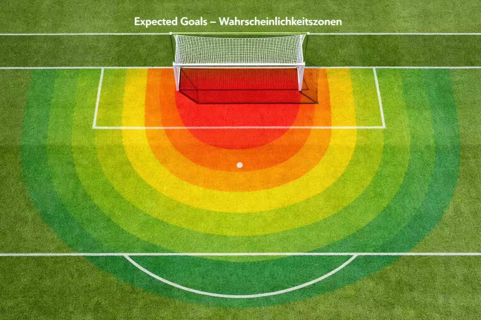 Fußballfeld von oben mit markierten Schusszonen im Strafraum