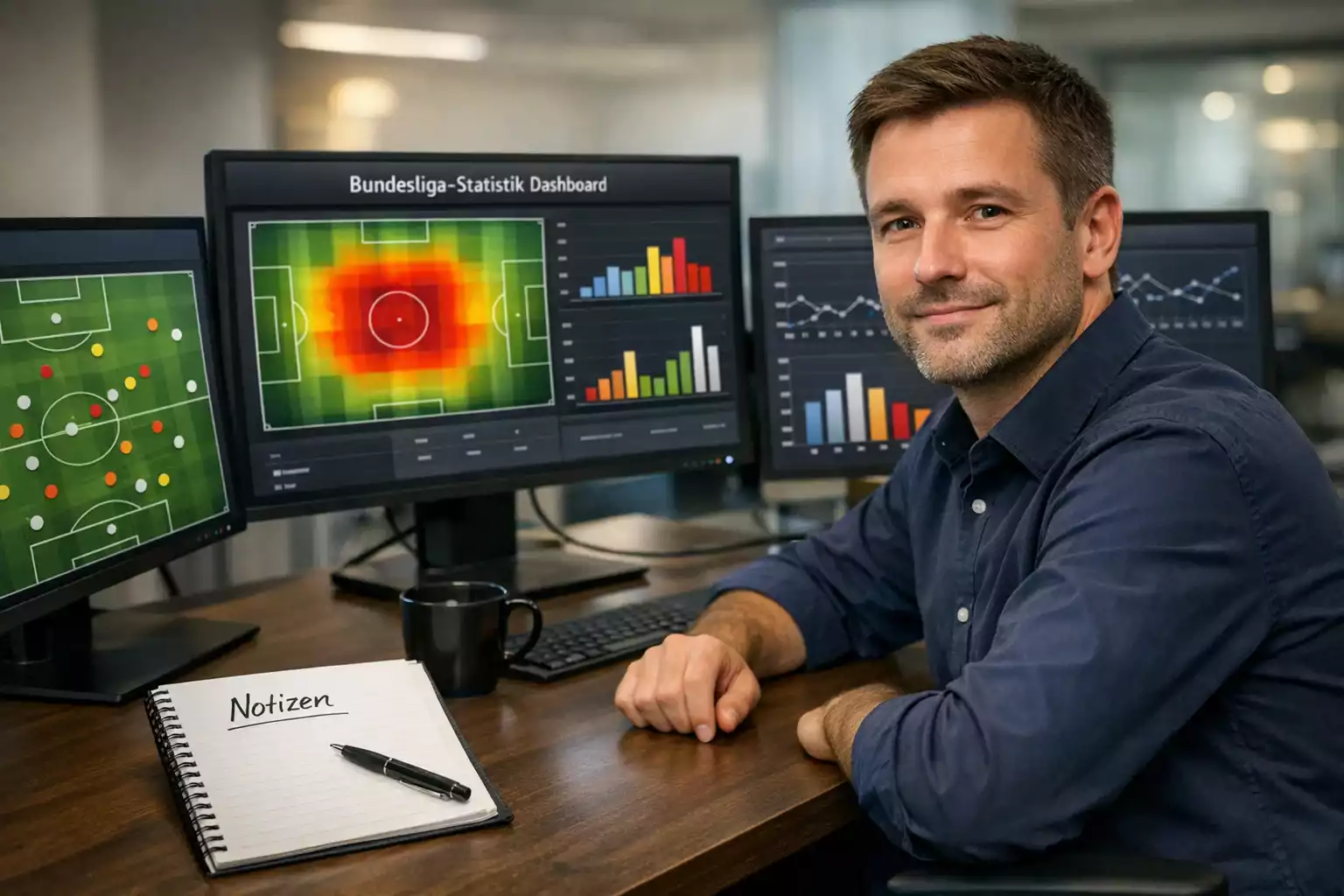 Analyst vor mehreren Bildschirmen mit Fußballdaten und Spielfeldvisualisierungen