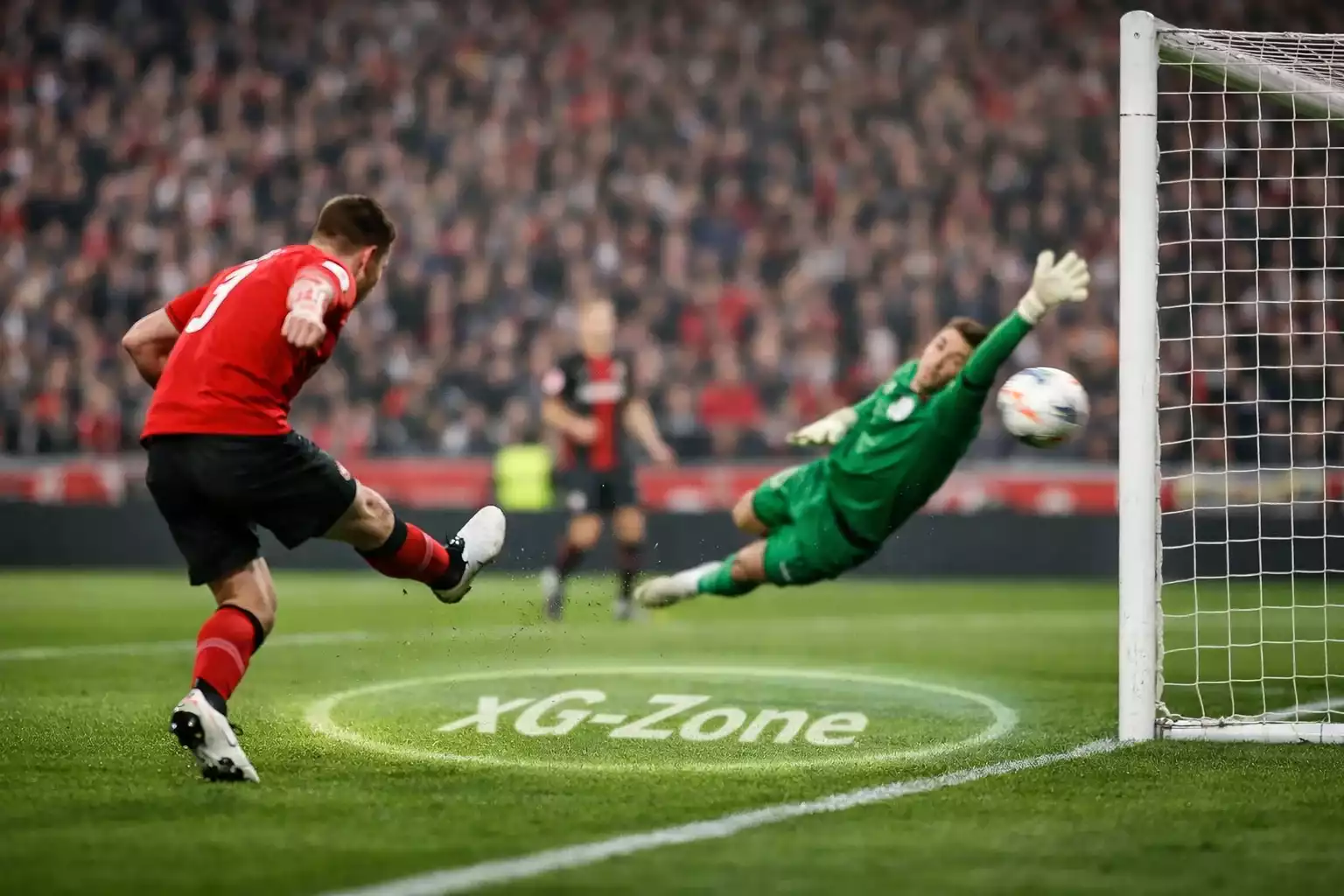 Fußballspieler beim Torschuss aus dem Strafraum mit Torwart im Fokus