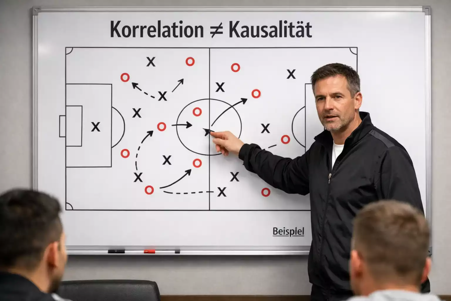 Trainer erklärt an einer Taktiktafel mit Spieleraufstellungen und Pfeilen