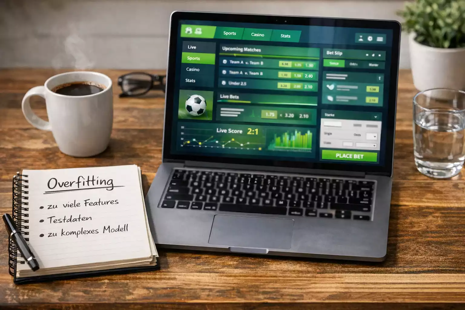 Professioneller Arbeitsplatz mit Laptop und Notizbuch bei der Datenauswertung