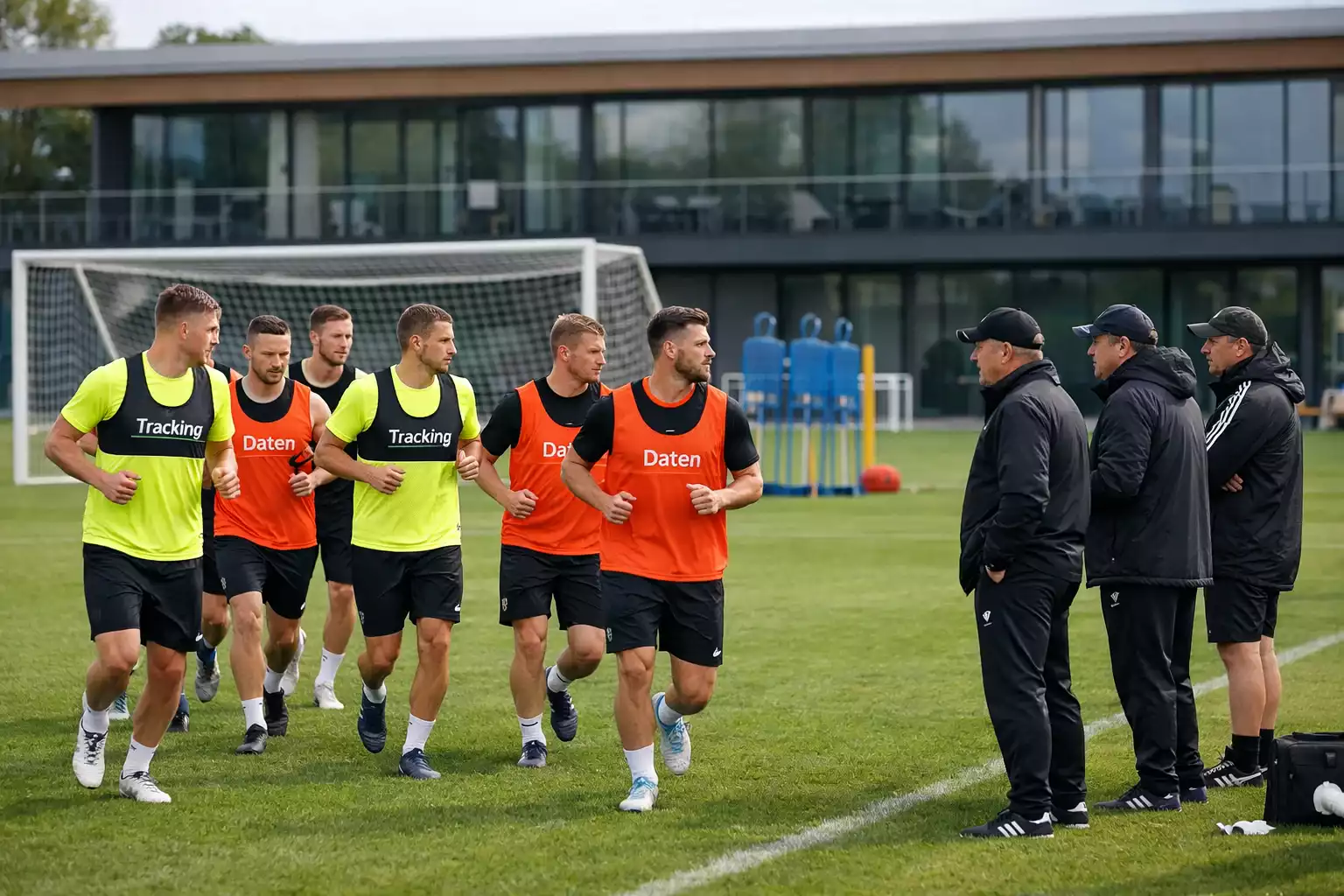 Fußballspieler beim Training mit Analysegeräten und GPS-Westen auf dem Trainingsplatz
