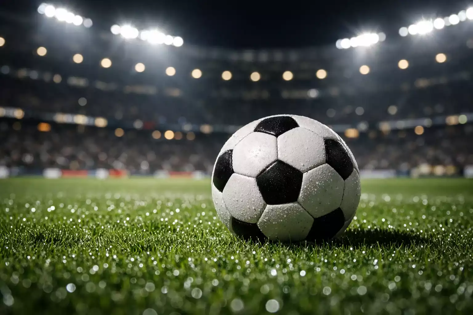 Fußball auf dem grünen Rasen eines Bundesliga-Stadions mit Flutlichtbeleuchtung