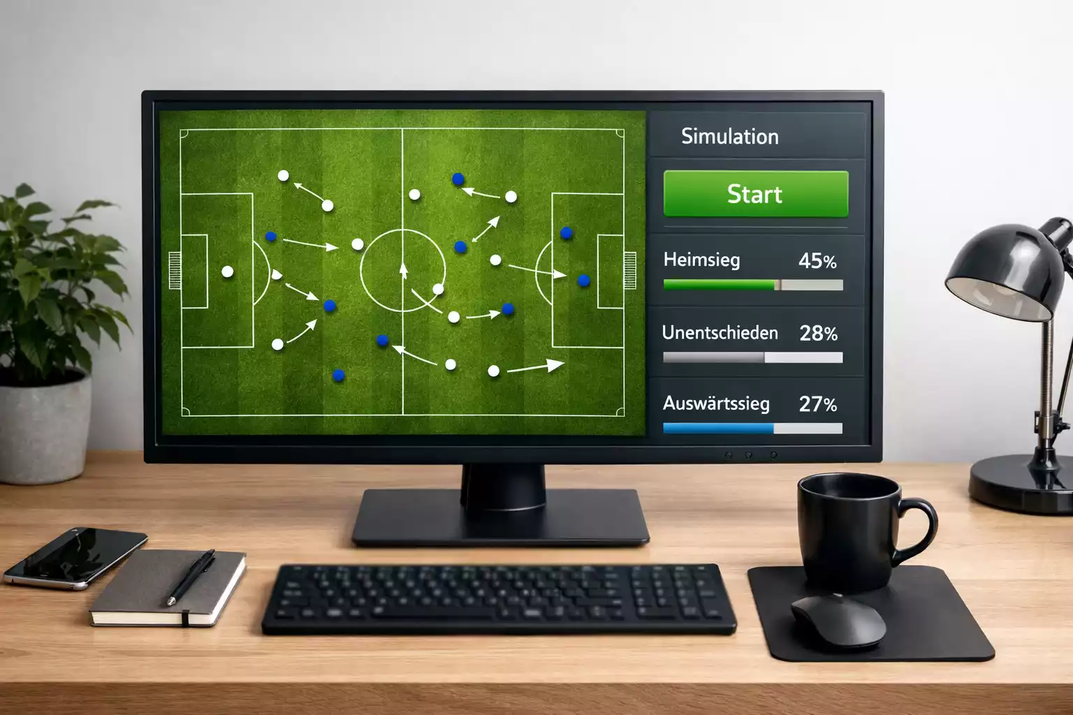 Bildschirm mit Fußballspiel-Simulation und Spielfelddarstellung in Draufsicht