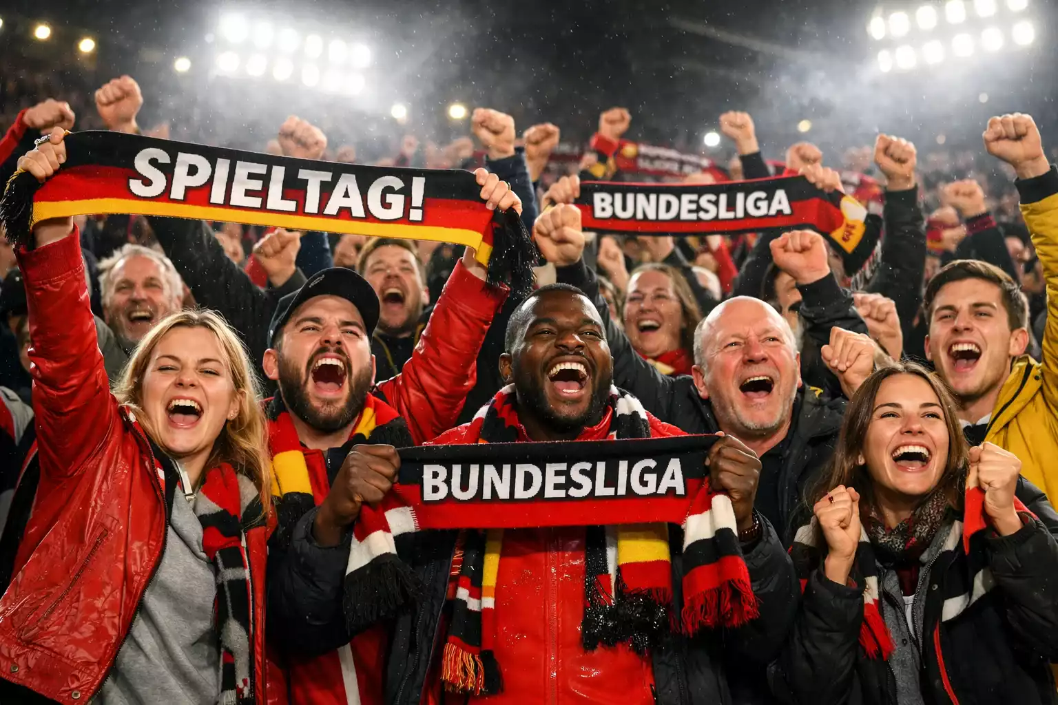 Begeisterte Fußballfans feiern auf der Tribüne eines Bundesliga-Stadions