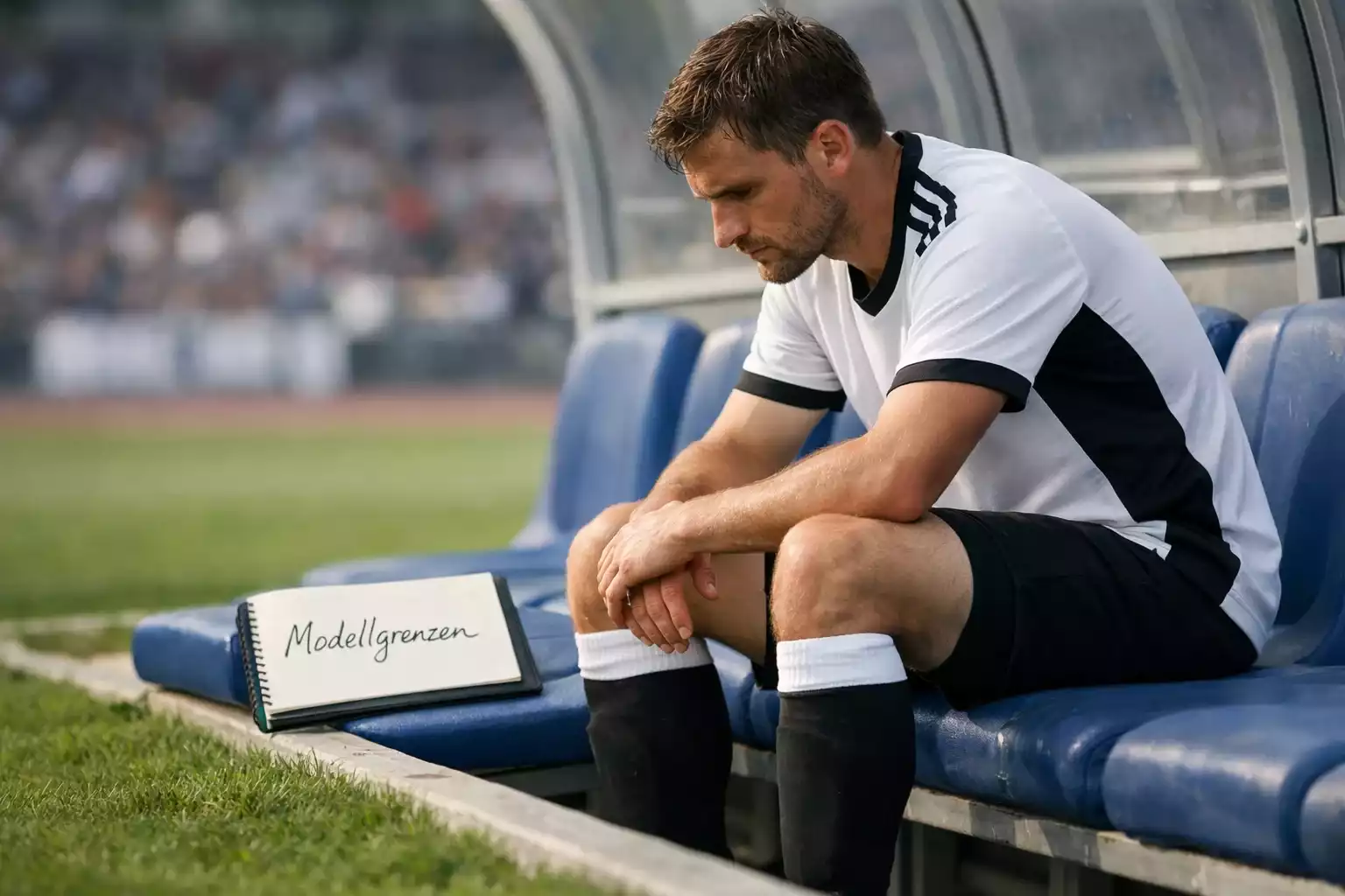 Fußballspieler sitzt nachdenklich auf der Ersatzbank am Spielfeldrand