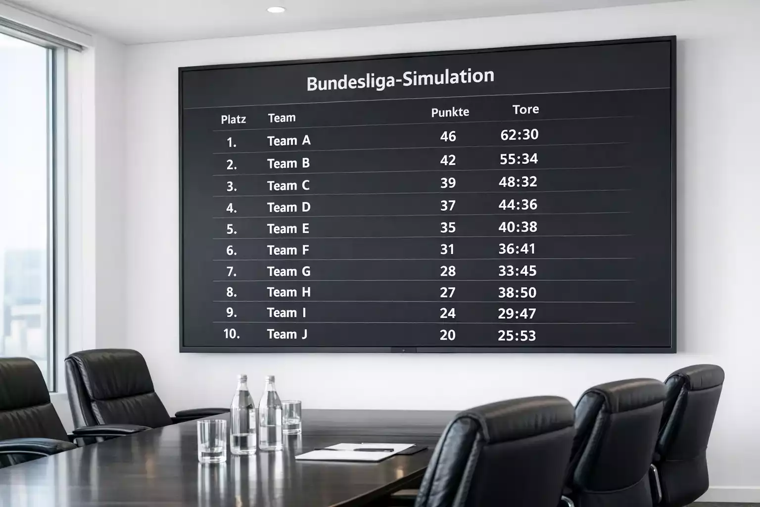 Übersichtliche Bundesliga-Tabelle auf einem großen Monitor in einem Besprechungsraum