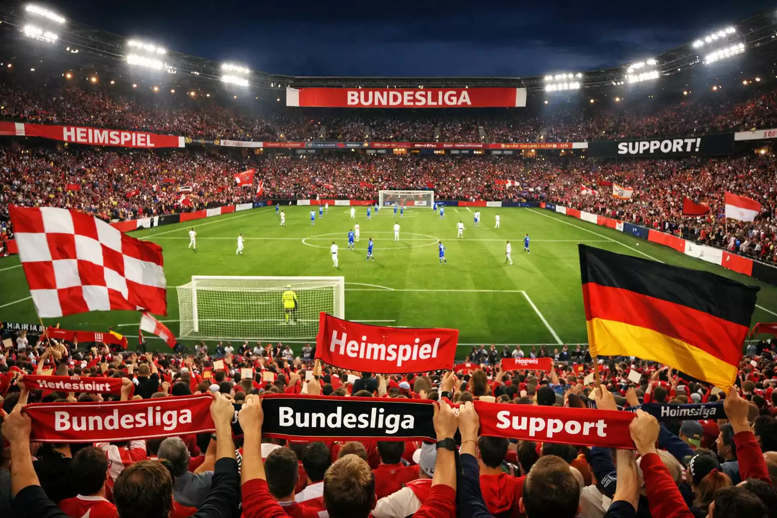 Bundesliga-Stadion mit jubelnden Fans im Hintergrund