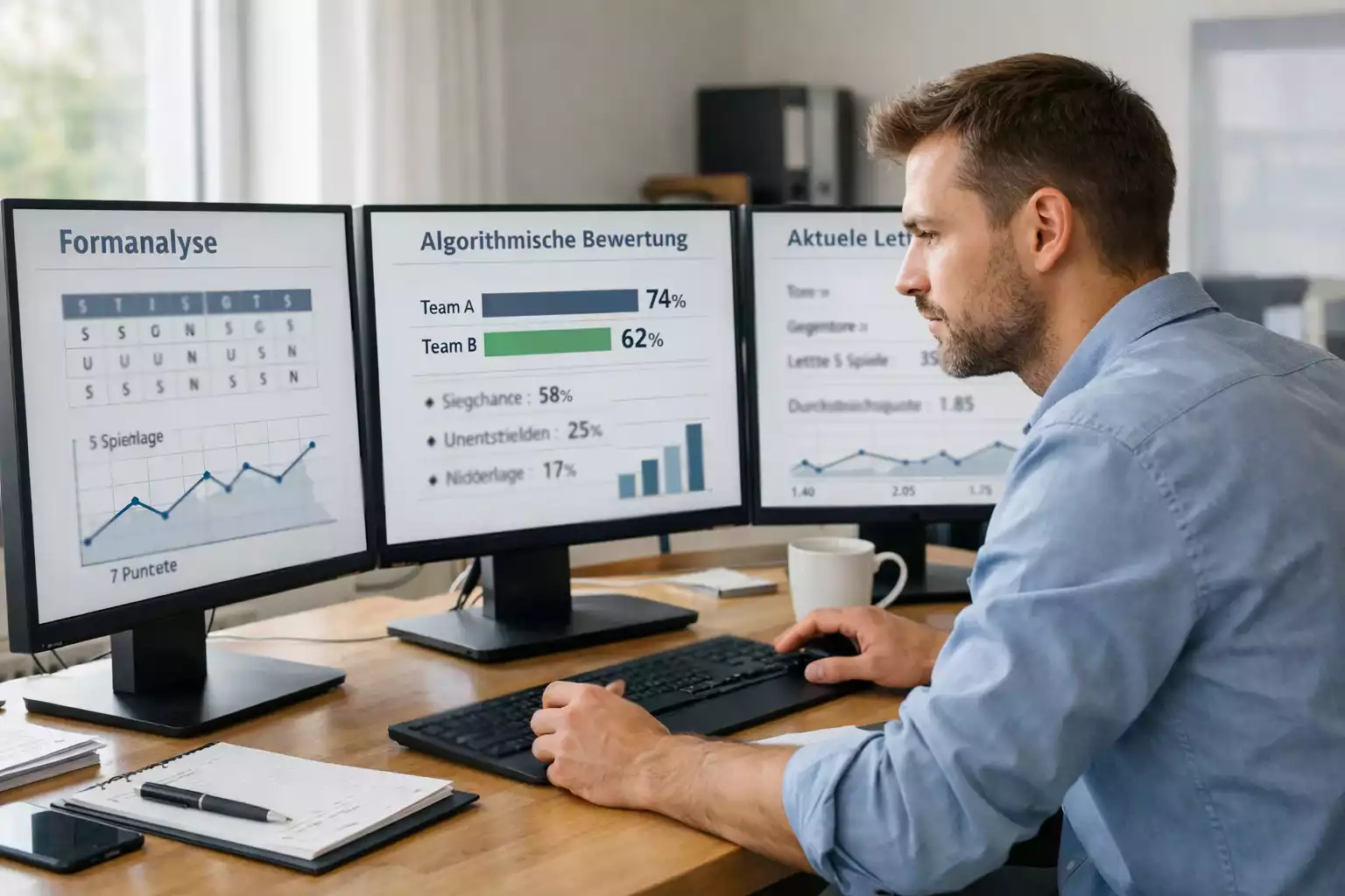 Datenanalyst arbeitet an einem Computer mit Fußballstatistiken