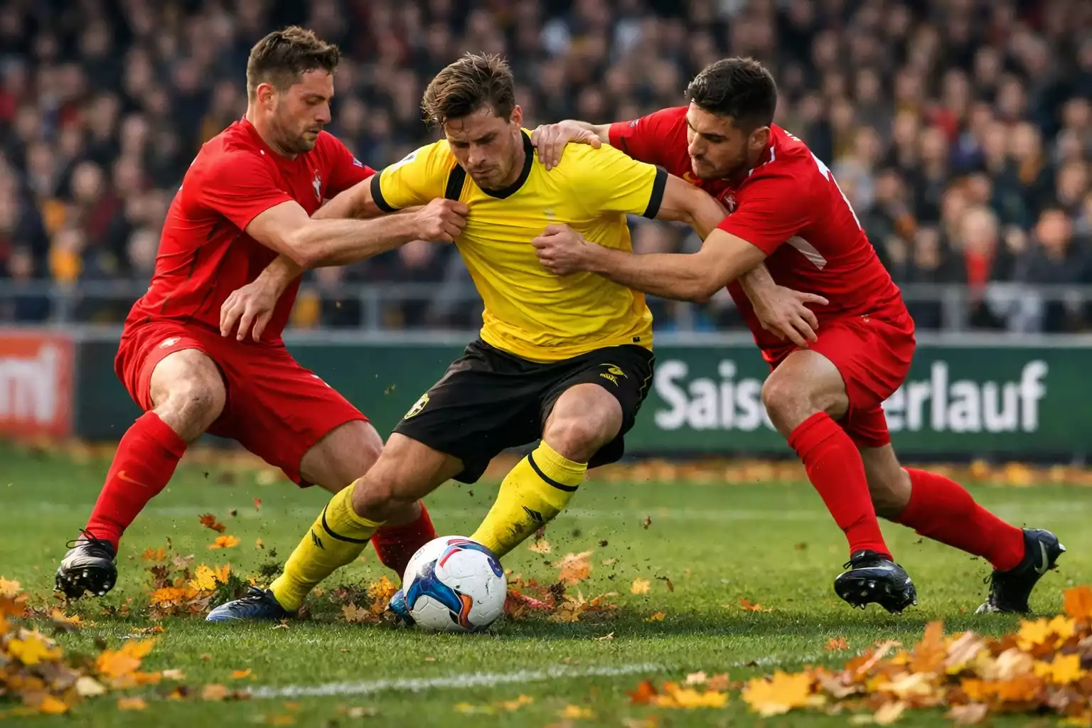 Fußballspieler bei einem intensiven Bundesliga-Spiel im Herbst