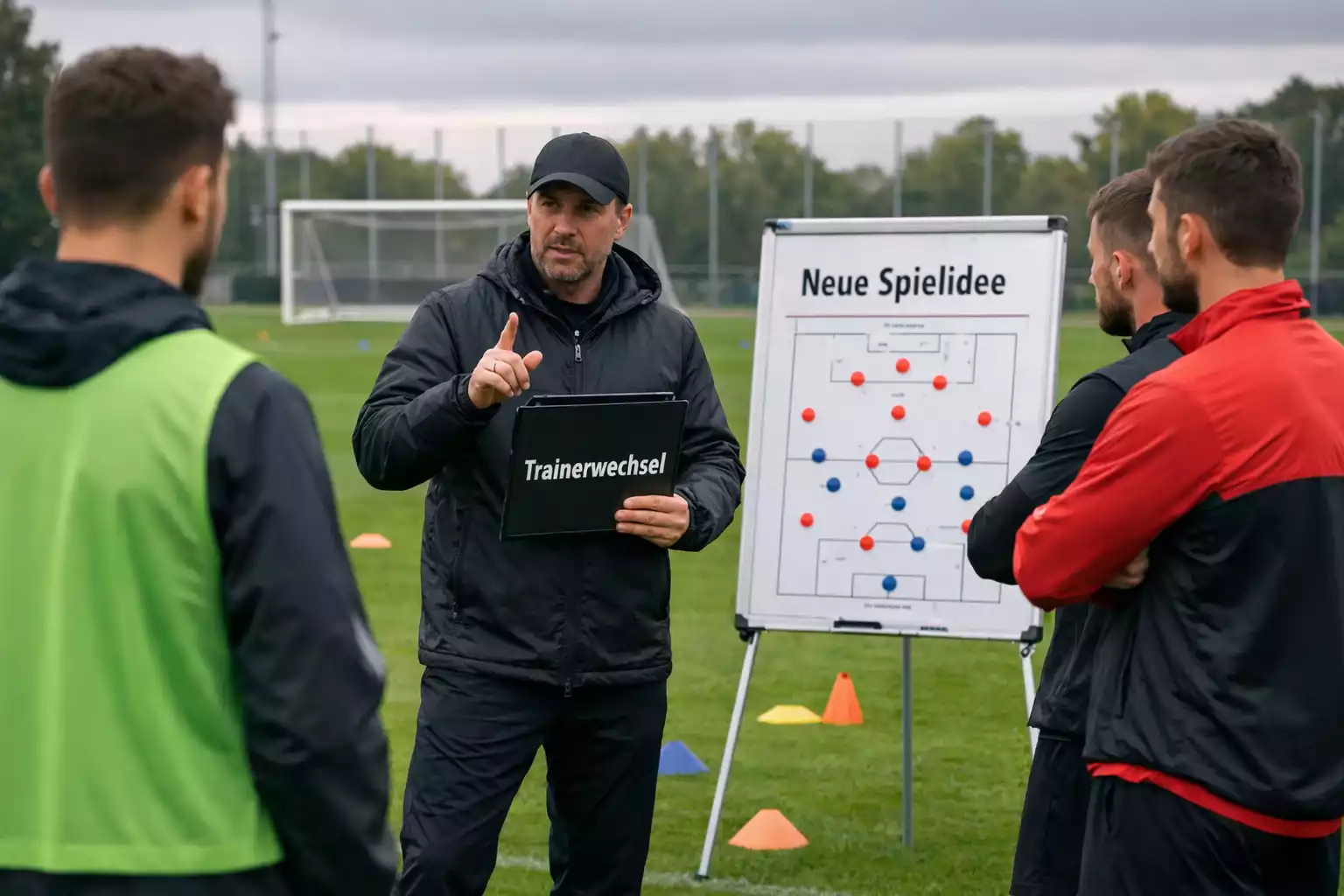 Neuer Fußballtrainer gibt Anweisungen an seine Mannschaft auf dem Trainingsplatz