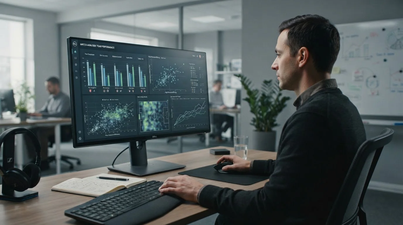 Datenvisualisierung mit Fußballstatistiken und Expected-Goals-Metriken auf einem Monitor