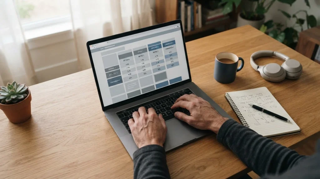 Person analysiert Kombiwetten-Quoten auf Laptop in ruhiger Arbeitsumgebung