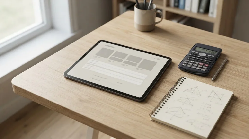 Schreibtisch mit Tablet und Taschenrechner für Systemwetten-Analyse