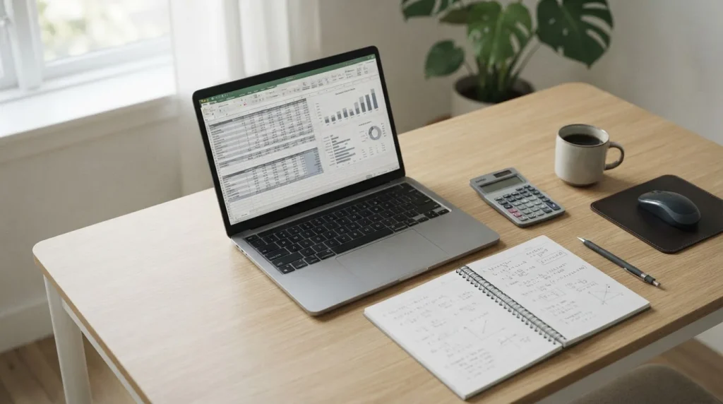 Analytischer Arbeitsplatz mit Laptop und Notizen zur Berechnung von Value Wetten