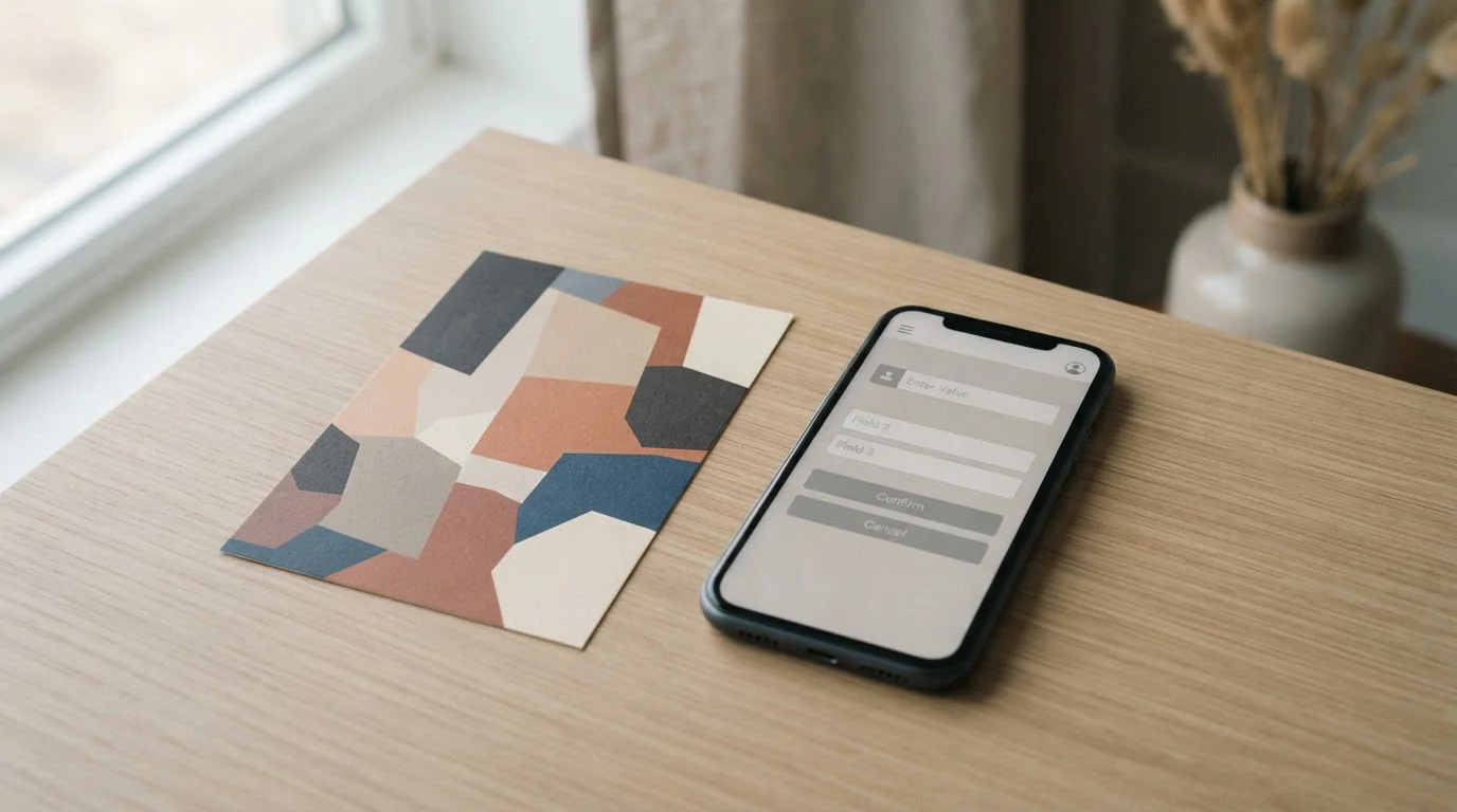 Gedruckte Gutscheinkarte neben Smartphone mit Voucher-Code-Eingabefeld